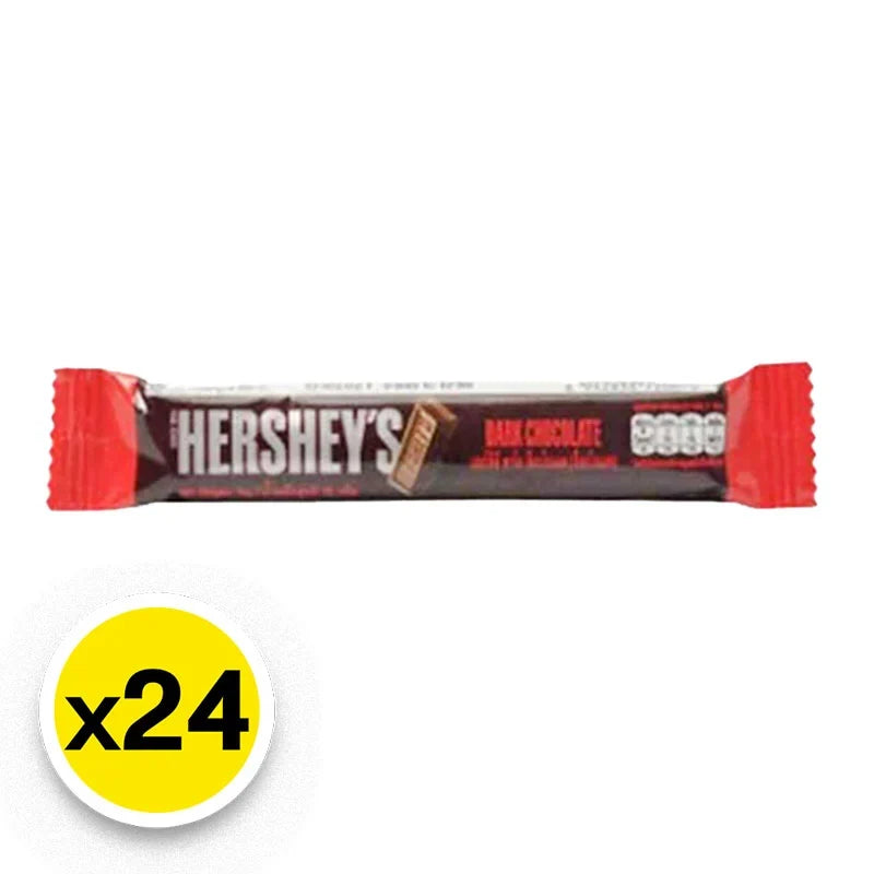 HERSHEY'S Dark Chocolate Bar 15g, pack of 24, individual chocolate snack in a sleek wrapper, ideal for dry grocery shopping.