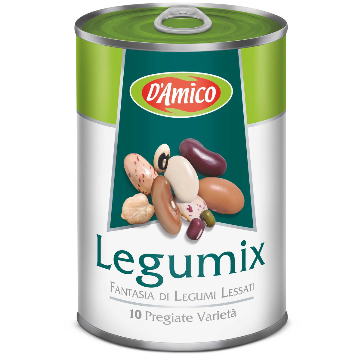 D'Amico Legumix mixed beans in a clear bowl, showcasing a variety of colorful beans suitable for cooking and salads.
