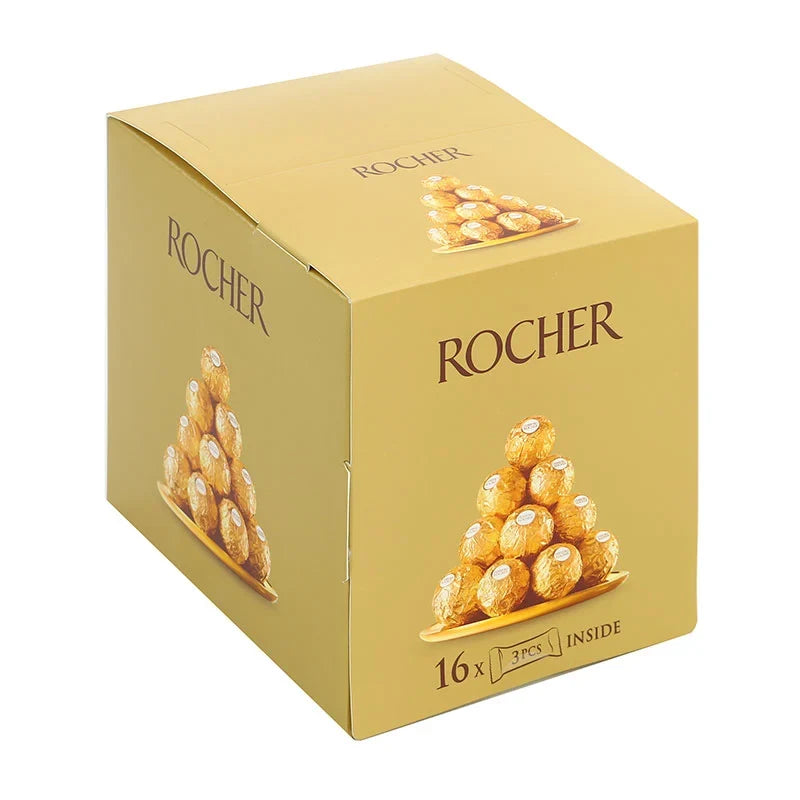 Ferrero Rocher Chocolate T3 600g box of hazelnut-filled chocolates, wrapped in gold foil with a brown paper cup.