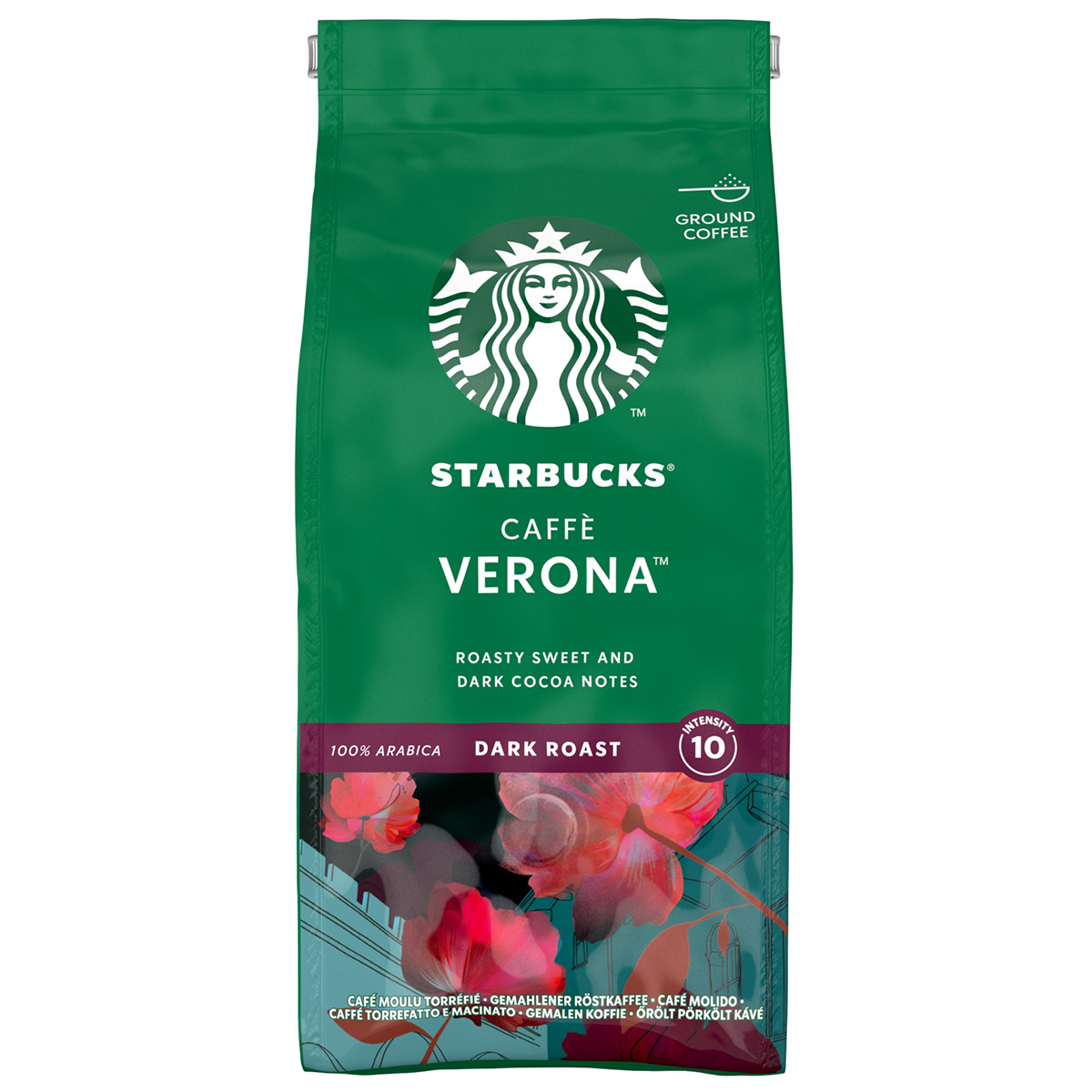 Starbucks Caffe Verona Dark Roast coffee drink in a clear glass with whipped cream and chocolate drizzle on top.