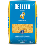 De Cecco Fusilli #34 pasta in a clear bowl, showcasing the spiral shape and golden color of the Italian grocery product.