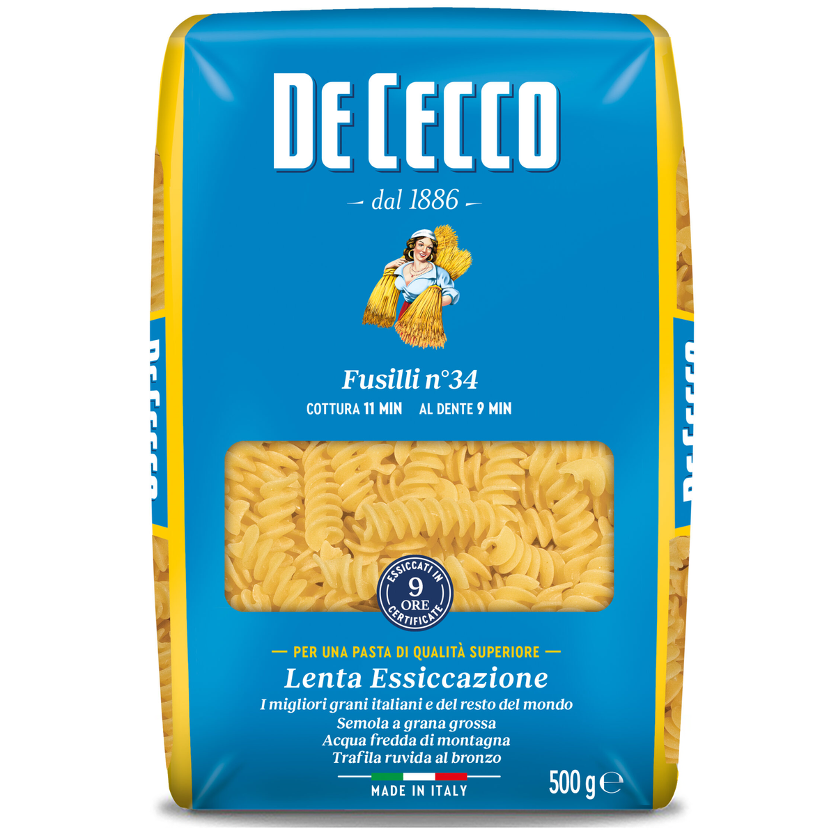 De Cecco Fusilli #34 pasta in a clear bowl, showcasing the spiral shape and golden color of the Italian grocery product.