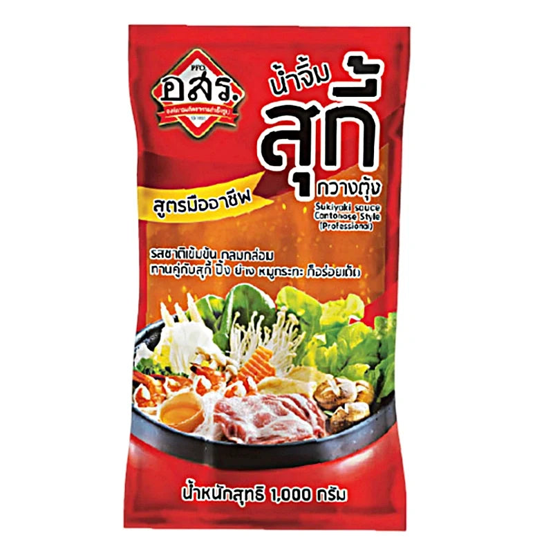 AORSORROR Sukiyaki Sauce 1kg bottle, traditional Japanese dry grocery condiment with soy and sweet flavors, on a kitchen countertop