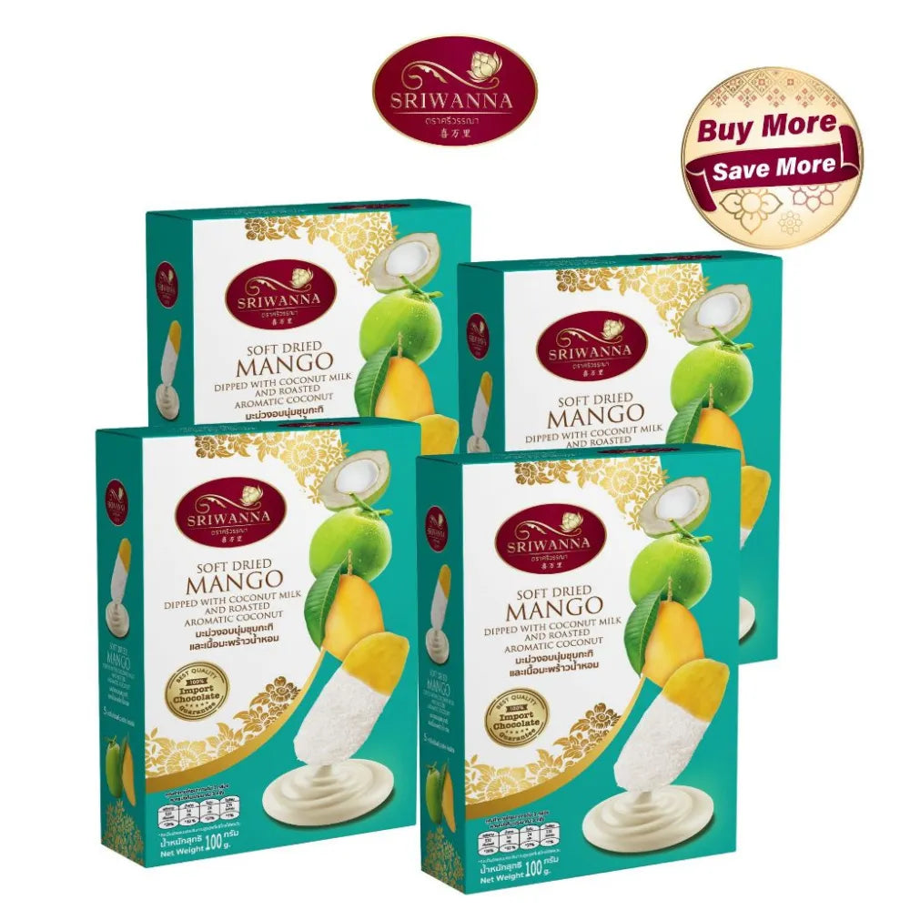 Sriwanna soft baked mango coated with coconut milk, dry grocery snack on a white background
