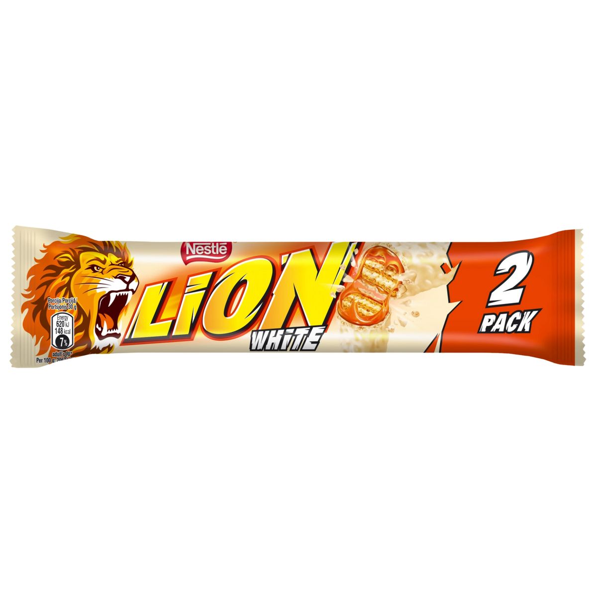 Nestle Lion white chocolate wafer bar showing the layered wafer and white chocolate coating in a close-up shot.