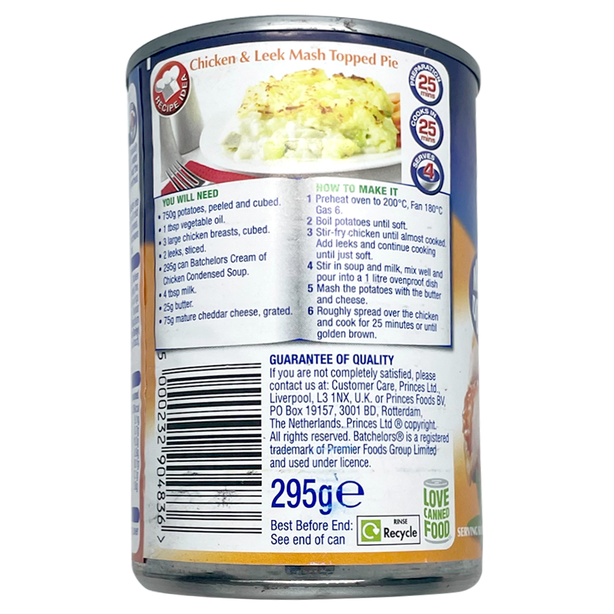 Batchelors Cream of Chicken Soup in a can, showing the label with the brand name and product description.