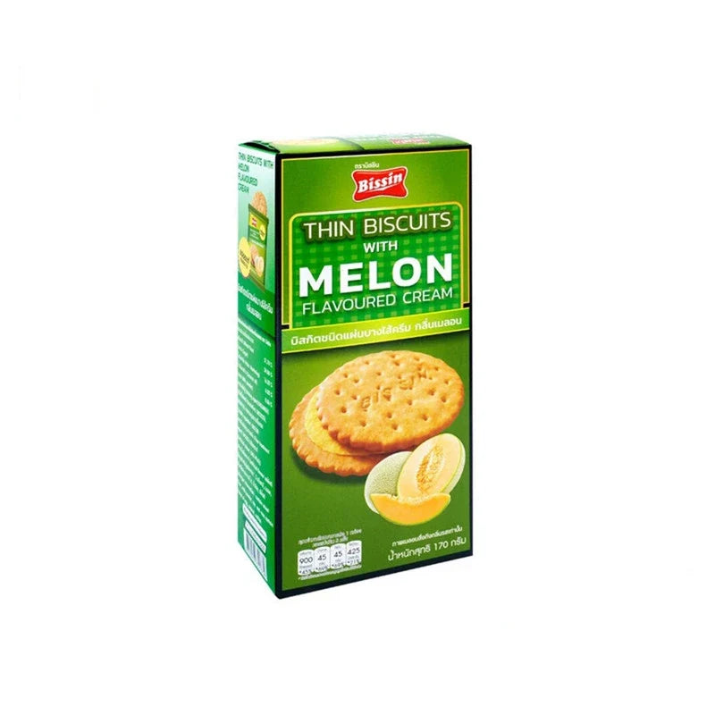 BISSIN Tin Melon Biscuits 170g in a metal tin, showcasing the colorful packaging and biscuits inside.