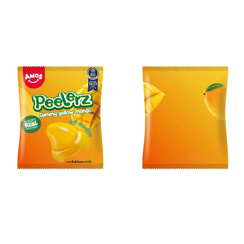 Amos Peelerz Gummy Assorted Fruit candies in a clear bag, colorful gummy snacks for dry grocery and confectionery.