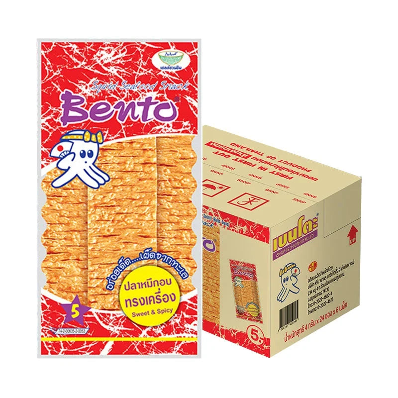 BENTO Bento Squid Seafood Snack in 4g packets, featuring sweet and spicy flavor, displayed in a close-up shot.
