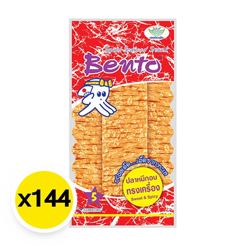 BENTO Bento Squid Seafood Snack Sweet & Spicy 4g x144, dry grocery snack, crispy squid snack with sweet and spicy flavor.