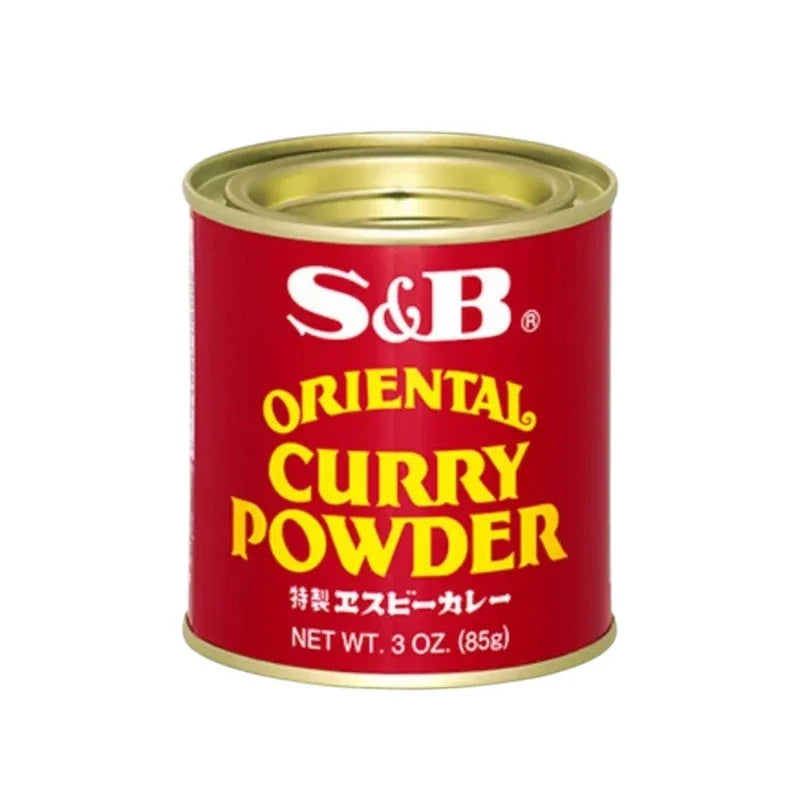 S & B Oriental Curry Powder cans, 85g each, in a pack of four, showcasing vibrant spice packaging and dry grocery product details.