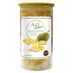 A2g durian chips in a clear bowl, showcasing golden, crispy durian snack pieces from A2g confectionery snacks.