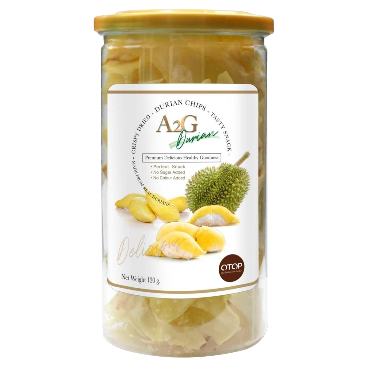 A2g durian chips in a clear bowl, showcasing golden, crispy durian snack pieces from A2g confectionery snacks.