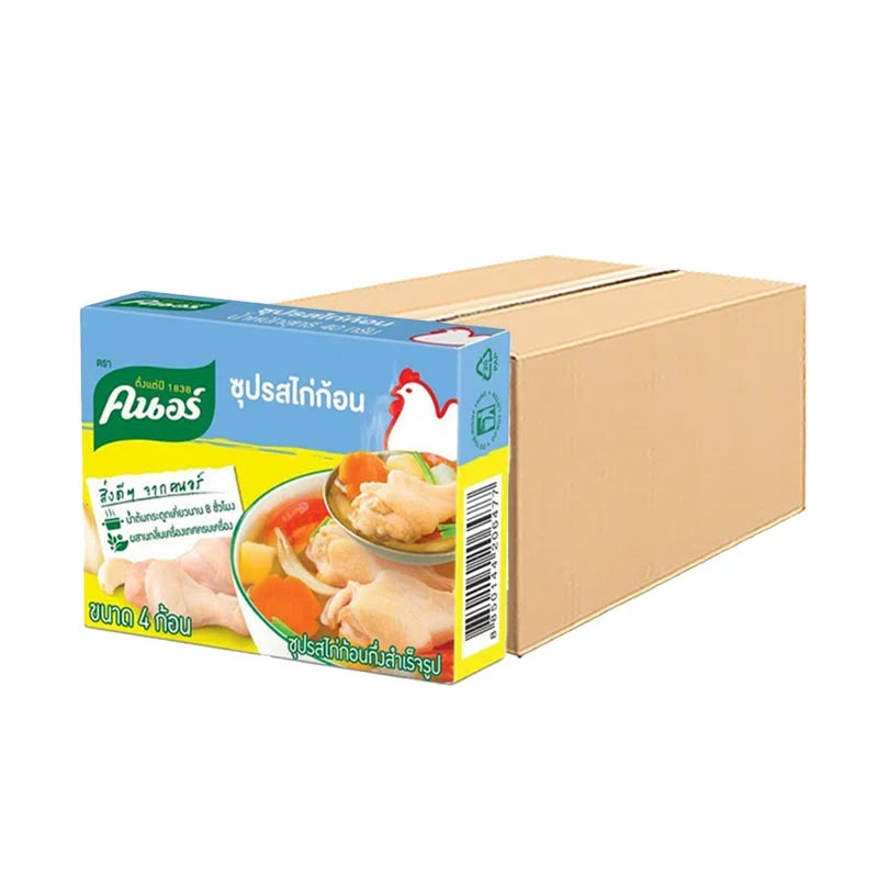 Knorr Chicken Cube 40g, dry grocery product, showing a box with 144 cubes for enhancing soups and cooking.