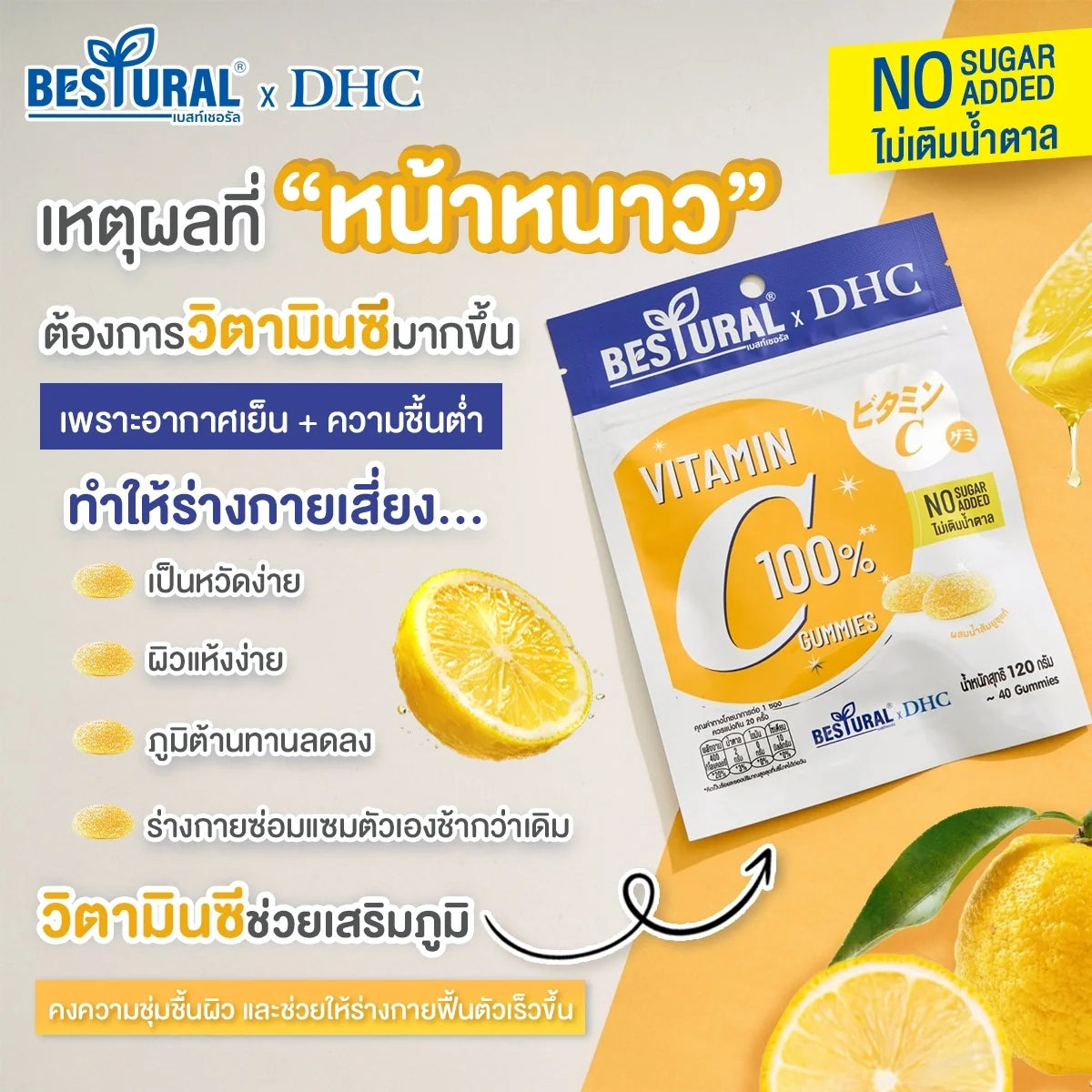 Bestural X DHC Yuzu Orange Juice gummy jellies in 120g packs, snack confectionery with bright orange and yellow gummies in a clear bag.