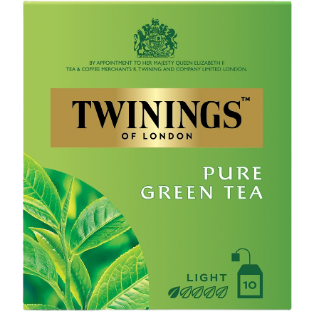 A cup of Twining's Pure Green Tea in a white mug with green tea leaves nearby, showcasing the natural green tea drink.