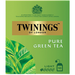 A cup of Twining's Pure Green Tea in a white mug with green tea leaves nearby, showcasing the natural green tea drink.