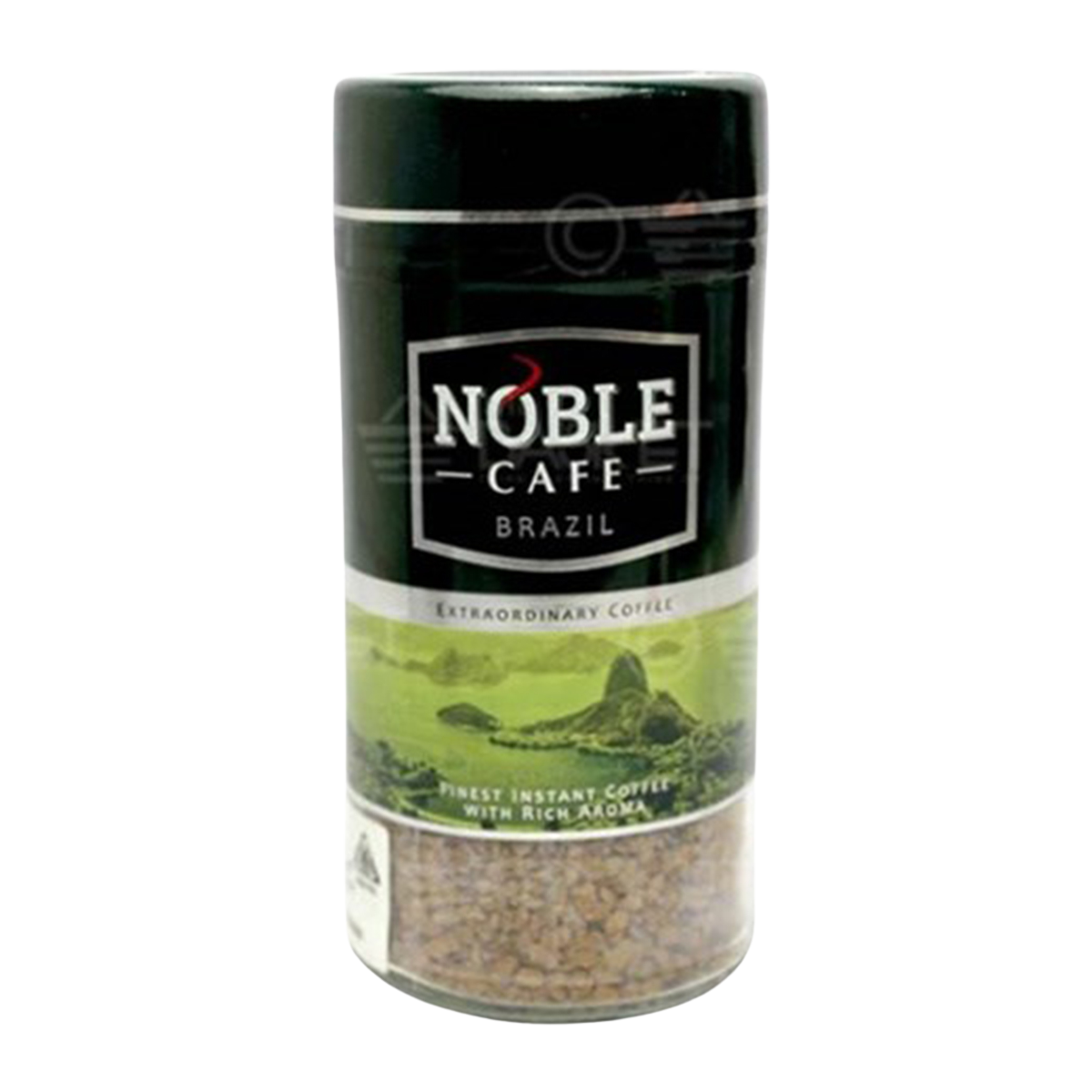 Noble Cafe Brazil instant coffee drink in a cup with a spoon, showcasing a rich, dark coffee beverage.
