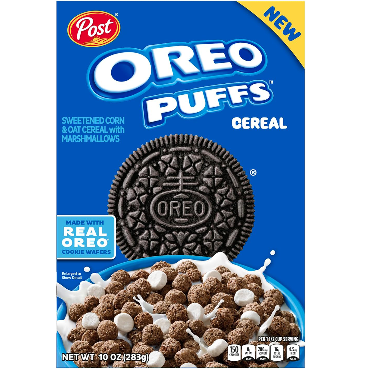 Post Oreo Puffs breakfast cereal in a bowl with milk, showcasing the chocolate Oreo-flavored puffed cereal pieces.