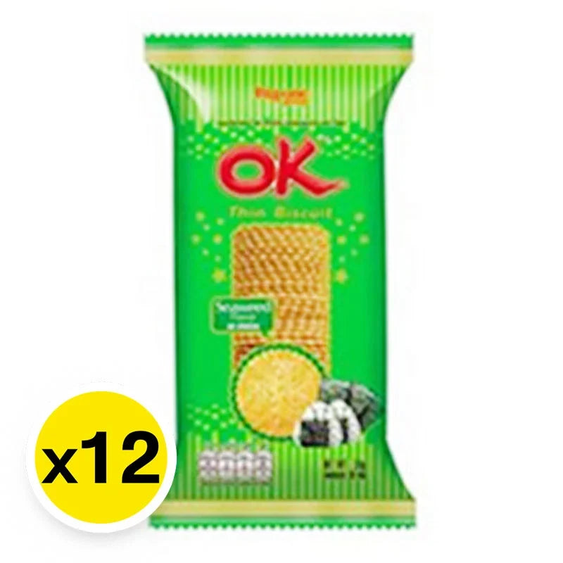OK Thin Biscuit Seaweed 30g snack pack, crispy seaweed-flavored dry grocery product, shown in a 12-pack box.