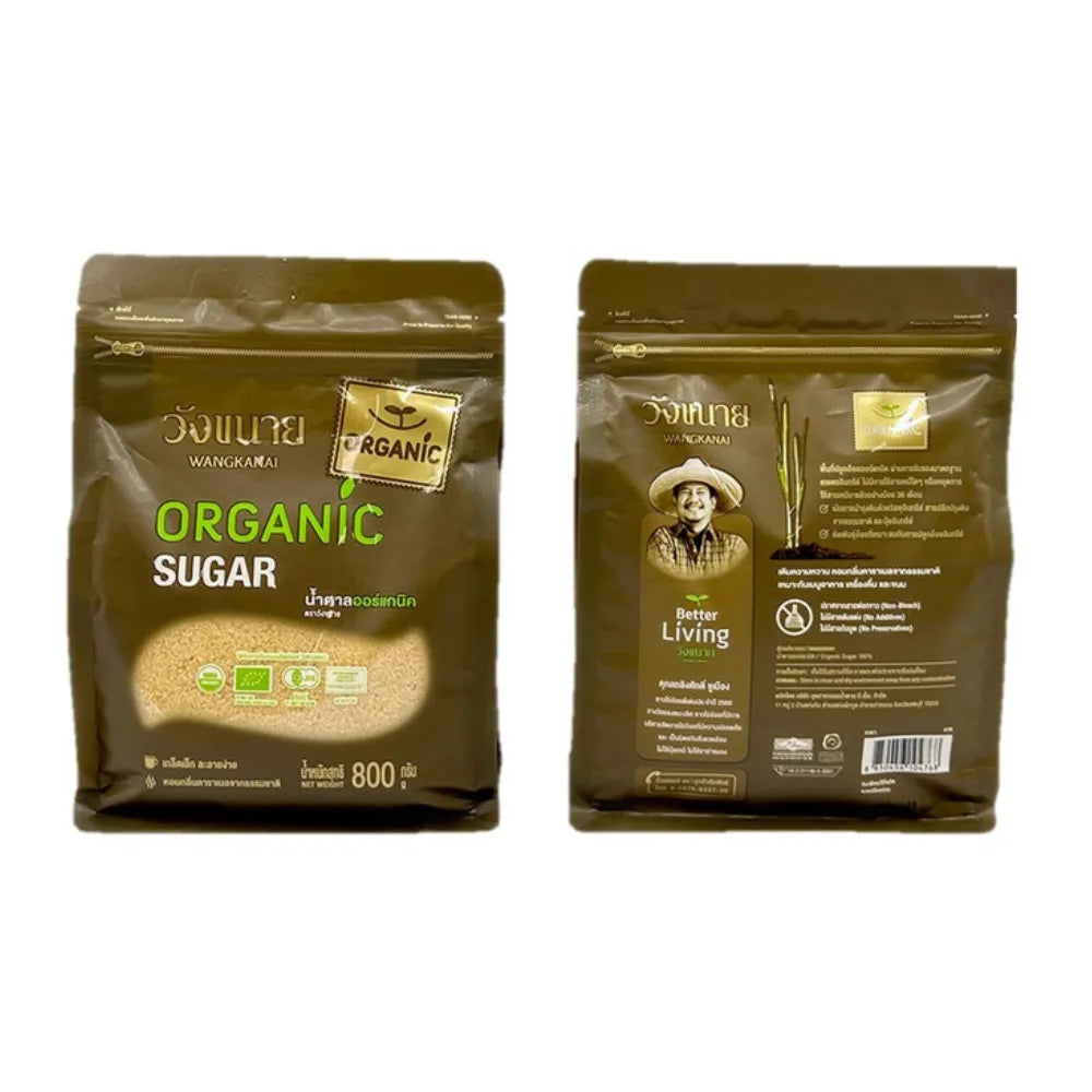 Wangkanai Premium Organic Sugar 800g in a clear plastic bag, showing white, granulated organic sugar suitable for baking and cooking.