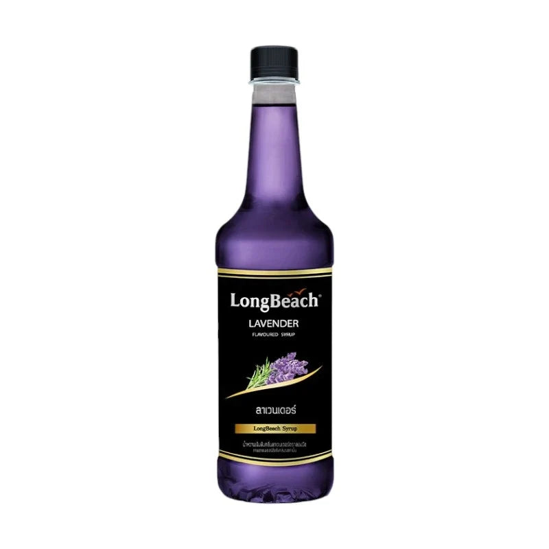LongBeach Lavender Syrup 740ml bottle, ideal for dry grocery use, featuring a clear label with lavender imagery.