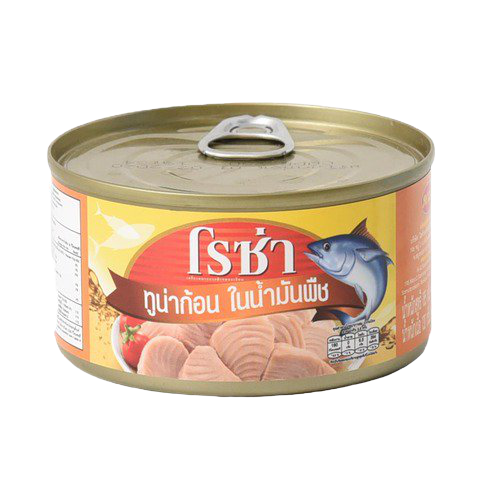 Canned Roza Tuna Chank in vegetable oil, ready to use, showing the product label and can with tuna chunks inside.