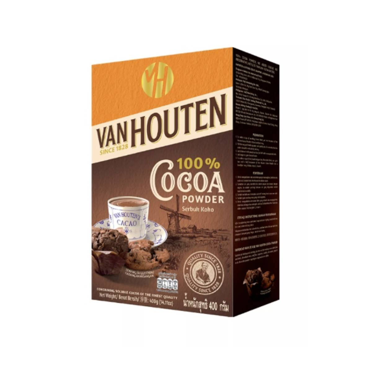 Van Houten 100% Cocoa Powder for drinks, showing a jar of rich, dark cocoa powder with a scoop on top.
