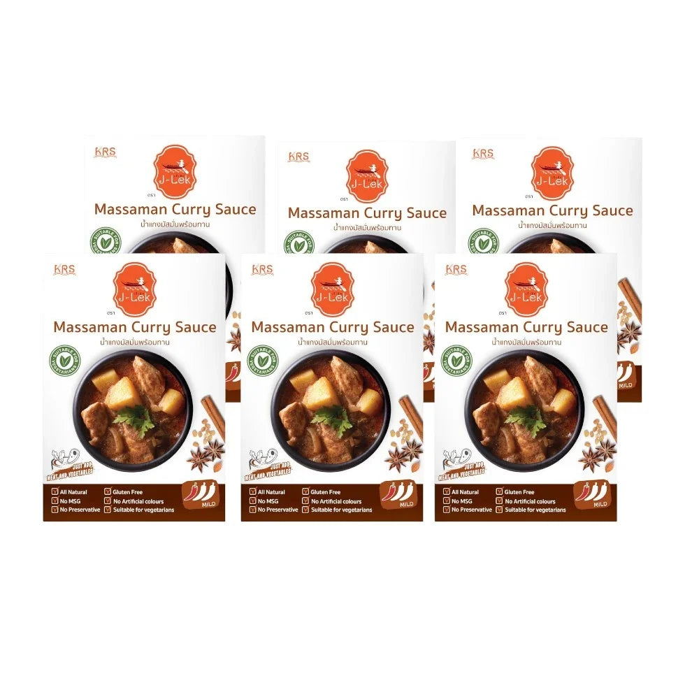 J-LEK Massaman Curry Paste packets, 250g, in dry grocery packaging with colorful labels and resealable packs.