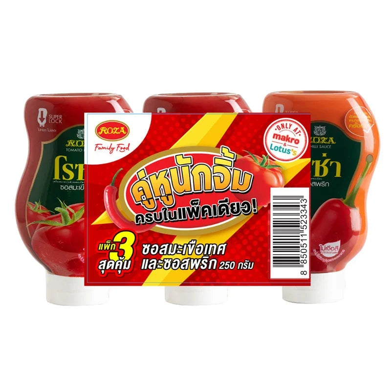 Roza Tomato Chilli Sauce 250g bottles, dry grocery product, showing three bottles with red chili and tomato labels.