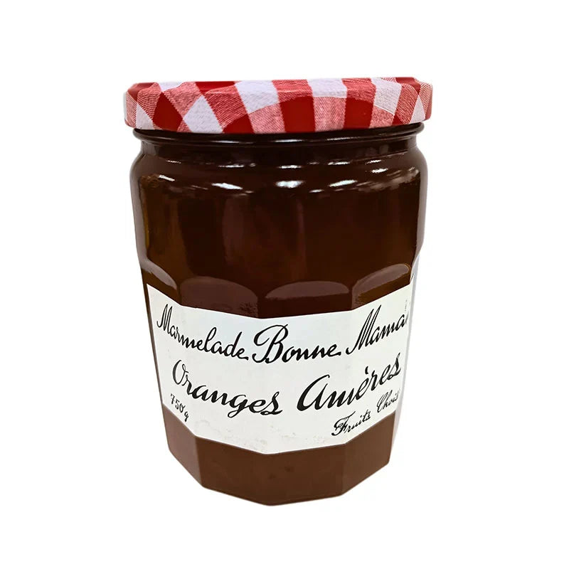 Jar of Bonne Maman orange marmalade with a white lid, 750g, showcasing the classic Bonne Maman label and orange jam inside.