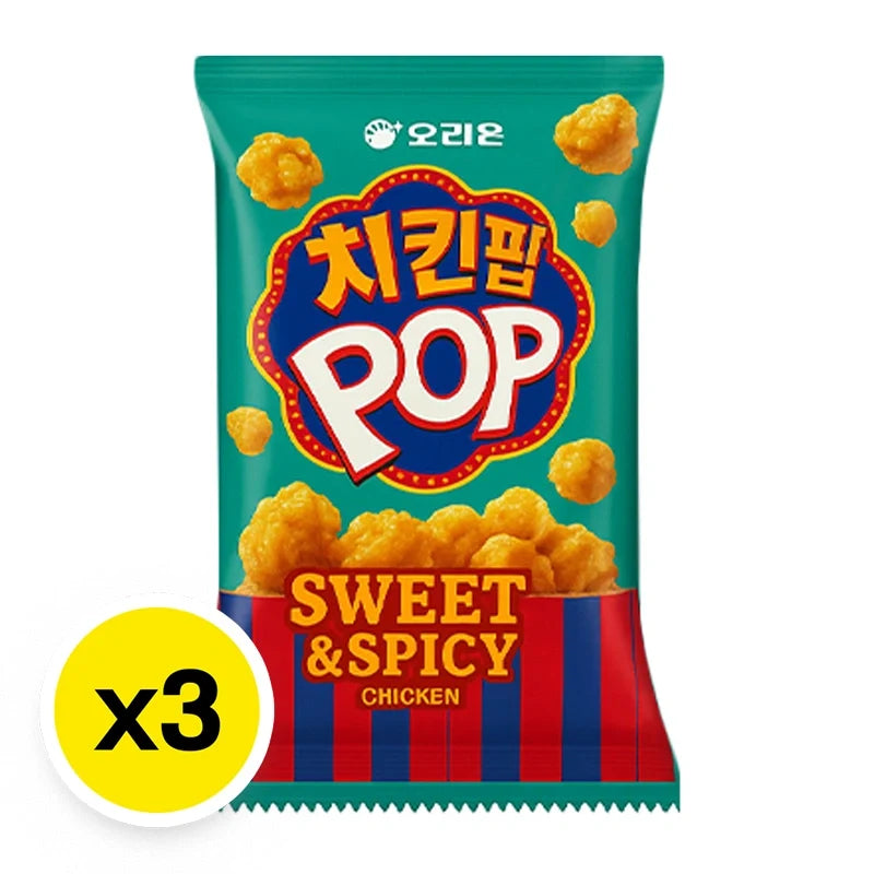 Orion Chicken Pop Sweet & Spicy snack pack, 81g x 3, crispy chicken-flavored snack with sweet and spicy seasoning in a colorful package