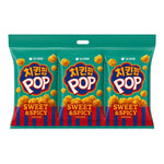 Orion Chicken Pop Sweet & Spicy snack packaging, 81g x 3, in colorful bag for dry grocery and confectionery snack.
