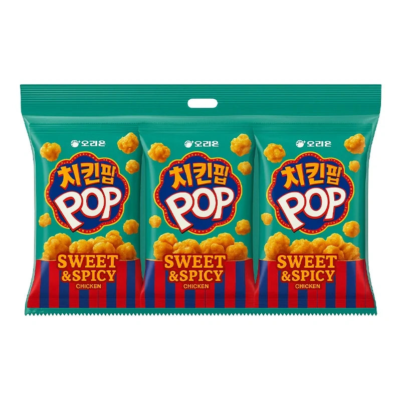 Orion Chicken Pop Sweet & Spicy snack packaging, 81g x 3, in colorful bag for dry grocery and confectionery snack.