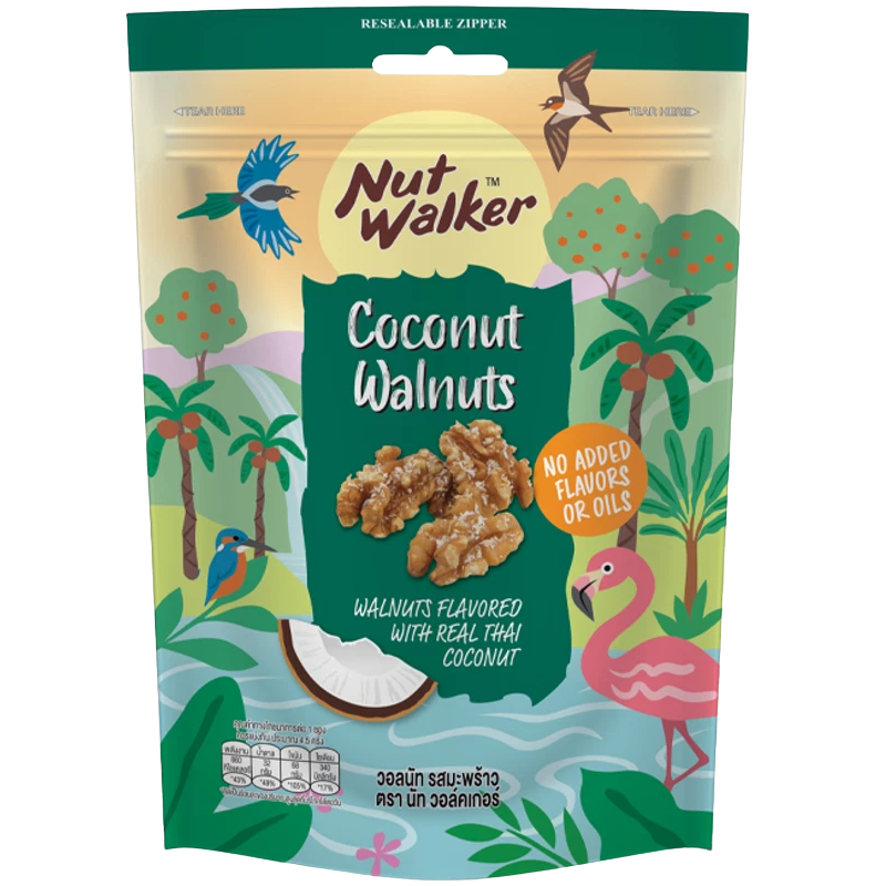 Nut Walker coconut walnuts, confectionery snack with roasted walnuts coated in sweet coconut, displayed in a close-up image.