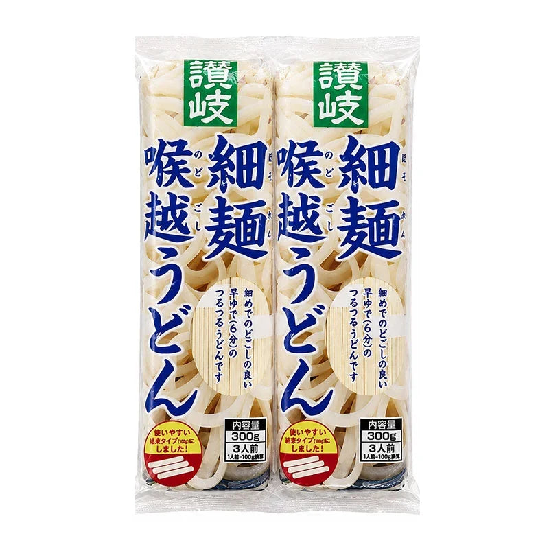 Sanuki Shisei Hosomen Nodogoshi Udon, dry Japanese wheat noodles, packaged in two 300g portions, branded SANUKI.