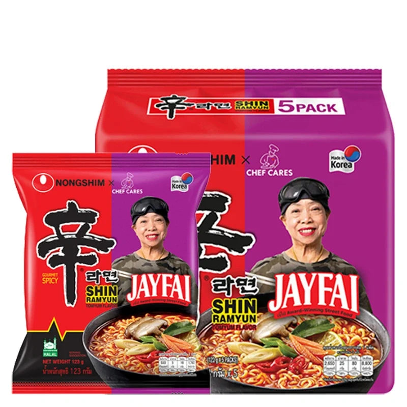 NONGSHIM Shin Ramyun Jayfai instant noodle pack, 123g x5, dry grocery product with spicy ramen noodles in a clear package