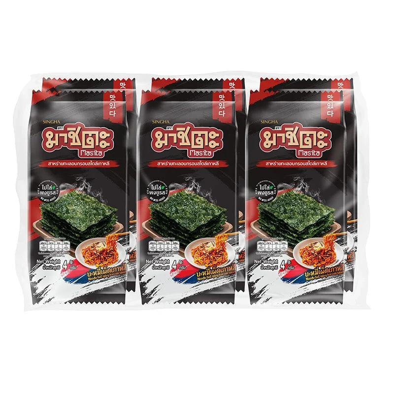 Masita roasted seaweed noodle snack with spicy Korean sauce flavor, dry grocery snack in 4g packet, crunchy and flavorful.