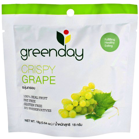 Greenday Crispy Grape Chips in a bowl, showing golden, crunchy snack pieces made from dried grapes, fresh and appealing.