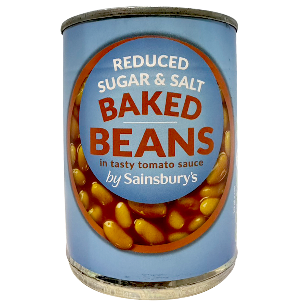 Sainsbury's reduced sugar and salt baked beans in a can, ready for cooking or serving in a grocery setting.