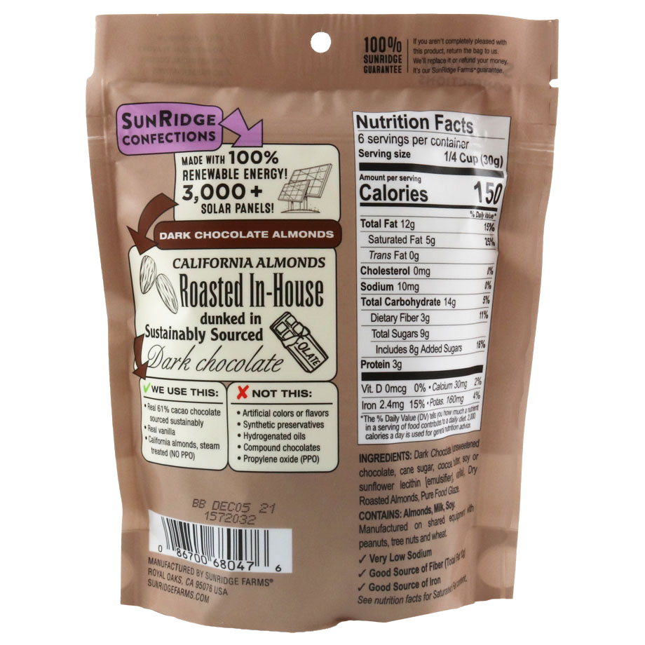 Dark chocolate almonds from Sunridge Farms, a confectionery snack with glossy chocolate coating and crunchy almond inside.