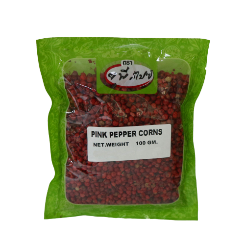 United Pink Pepper Corns in a clear glass jar, showcasing vibrant pink peppercorns for culinary use.