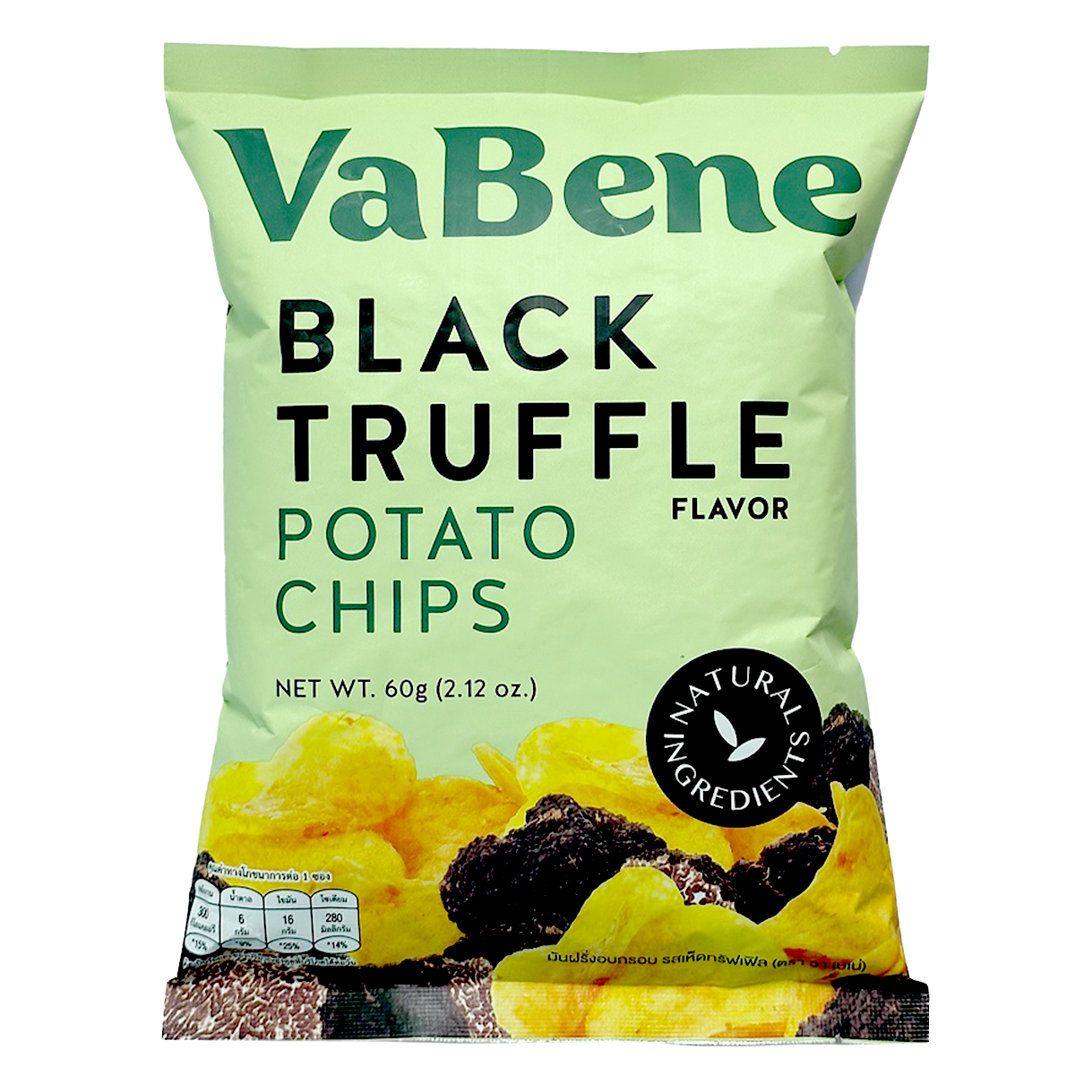Vabene Black Truffle Potato Chips in a clear bowl, showcasing crispy chips with black truffle flavor on a plain background.
