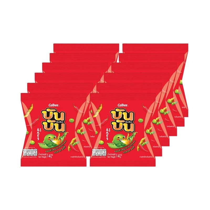 BUN BUN Hot Chilli Flavor 5 Baht Packets, dry grocery snack with spicy chili seasoning in small packets.