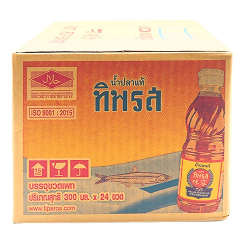 Tiparos Fish Sauce 300ml bottle, a popular Thai condiment for cooking and seasoning, shown in a pack of 24 bottles.