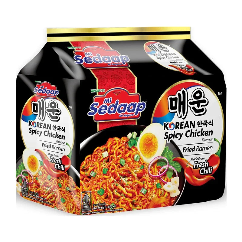MI Sedaap Korean Spicy Chicken Fried Ramen pack of five 87g instant noodles, with spicy seasoning and crispy fried noodles.
