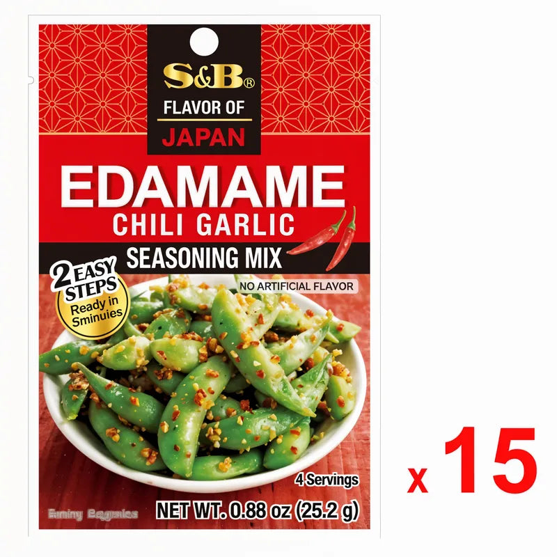 S & B Chili Garlic Edamame Seasoning Mix sachets, dry grocery product with spicy chili and garlic flavor for edamame seasoning