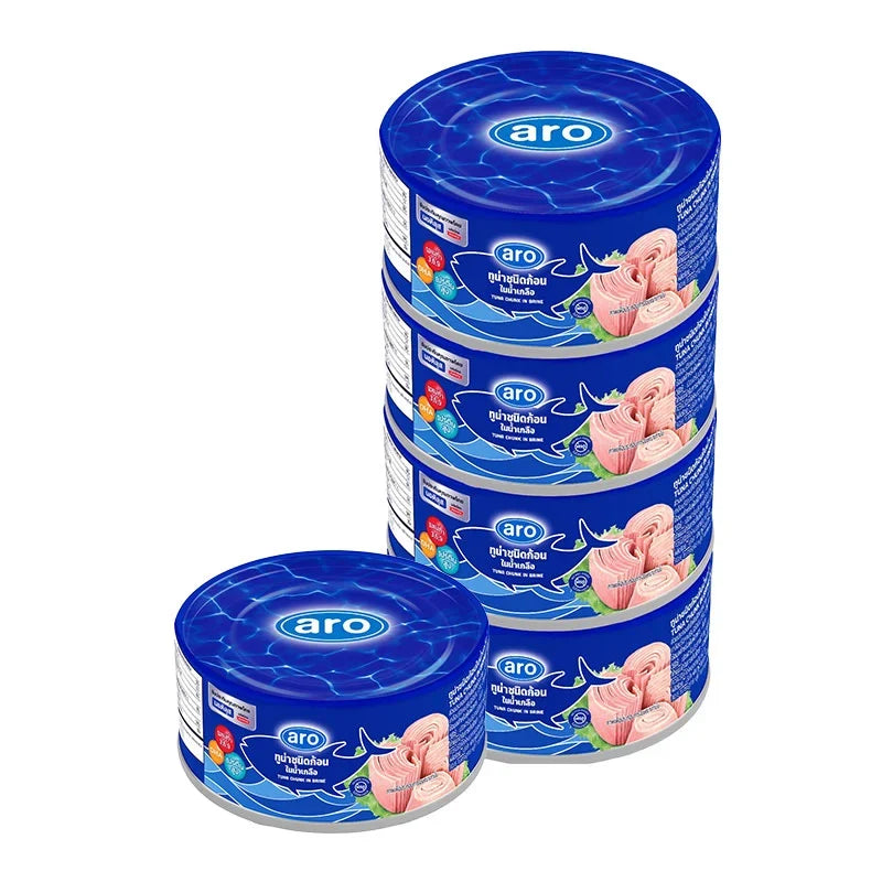 Cans of ARO XNAUTILUS Tuna Chunk in Brine, 165g each, stacked in a package, for dry grocery use.