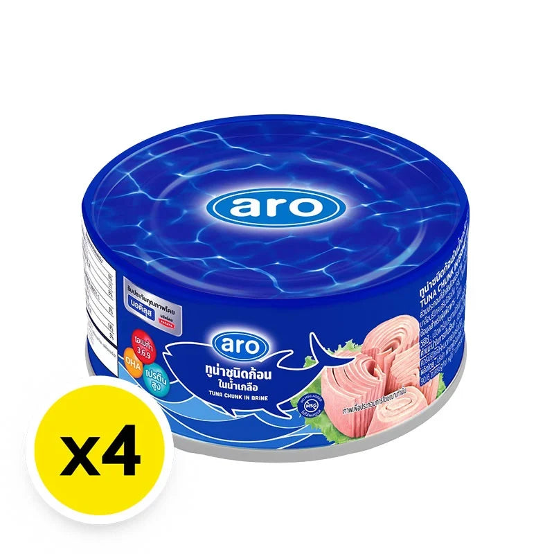 Cans of ARO XNAUTILUS Tuna Chunk in Brine, 165g each, arranged in a pack of four, featuring the product label and branding.