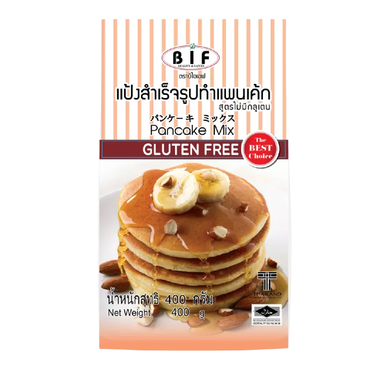 Bif gluten-free pancake mix in a box, healthy grocery product with pancake stack and syrup on a plate.